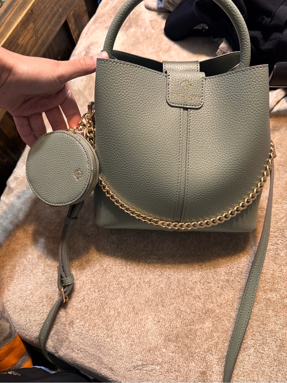Nanette Lepore Olive Green small bucket Bag w/ Gold Chain Accent and coin purse